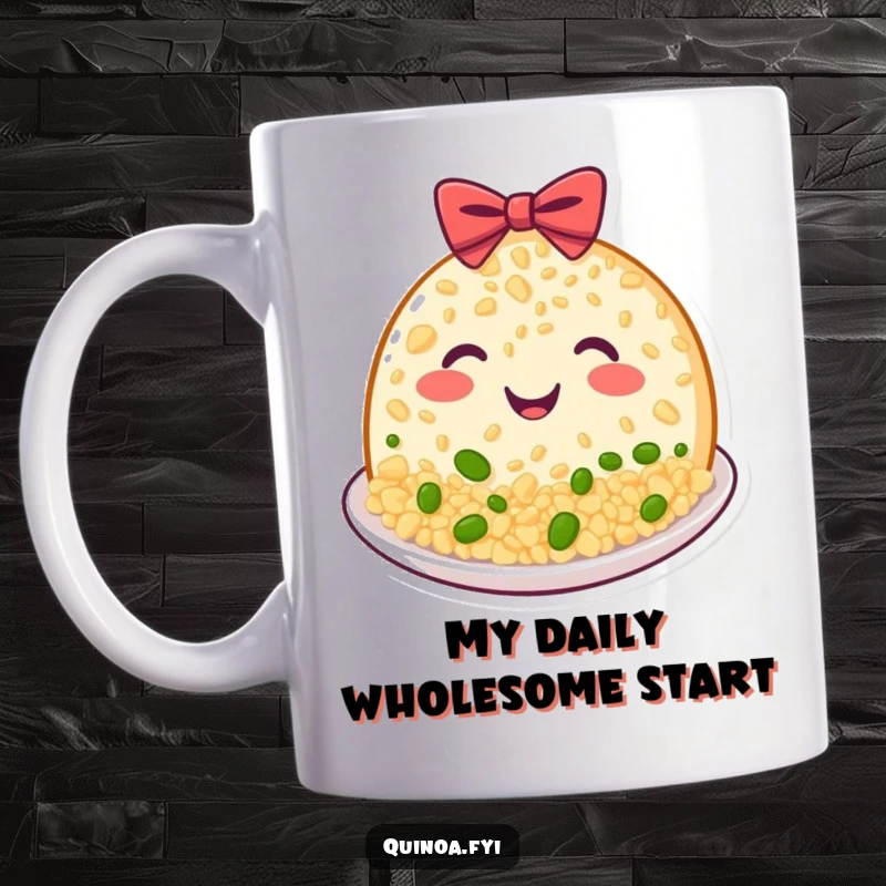 Funny Quinoa Plate Grin Mug, a beaming plate of food with a happy grin bowing politely, great funny gift.