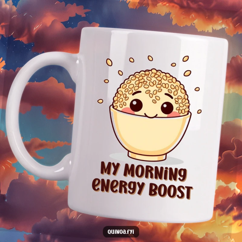 Funny Quinoa Mug with a beaming happy face juggling tiny seeds, celebrating healthy eating with a humorous twist.