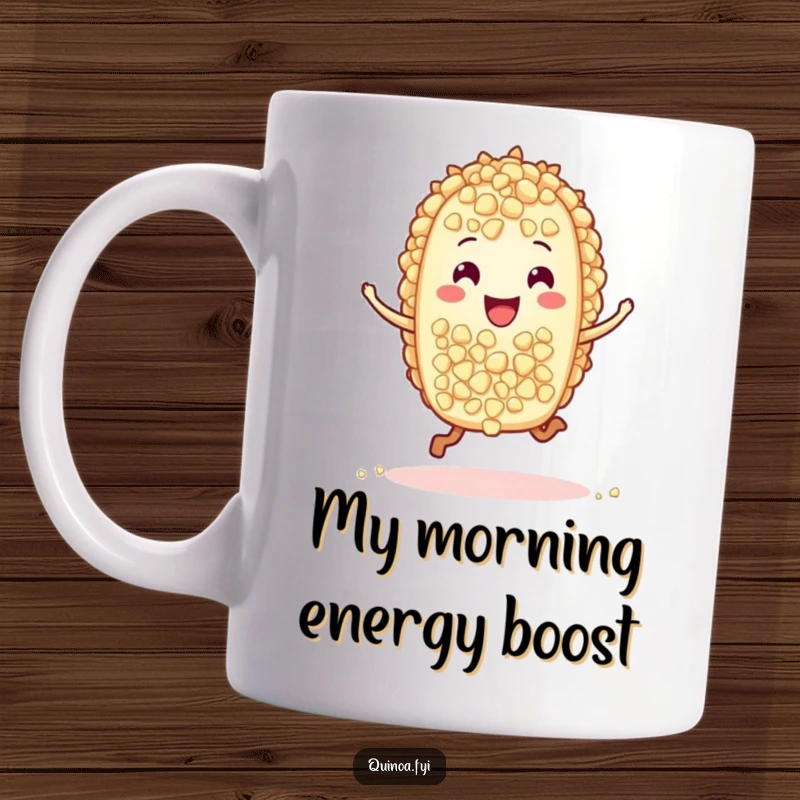 Funny mug showcasing a cheerful quinoa grain character performing a happy little hop, radiating pure joy and perfect for breakfast lovers.