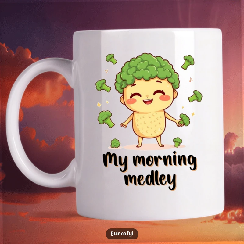 Funny Quinoa Juggling Mug: A curious quinoa character skillfully juggles tiny broccoli florets with a wide, happy grin.