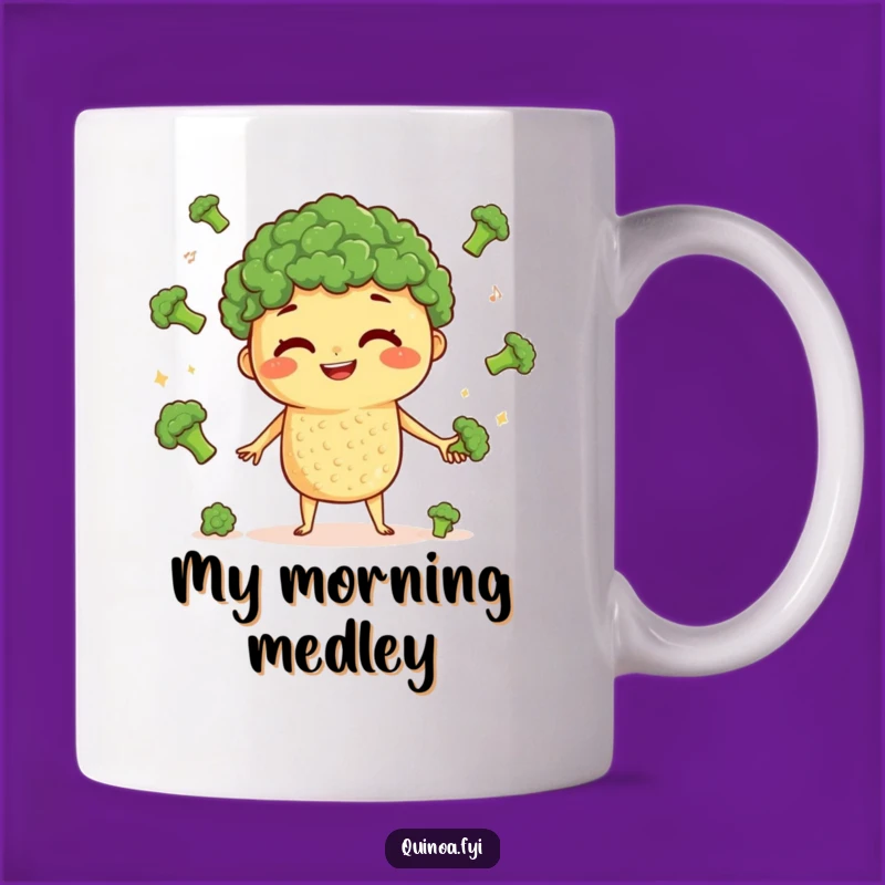 Funny Quinoa Juggling Mug: Curious Veggie Character Juggling Broccoli, Perfect Funny Gift