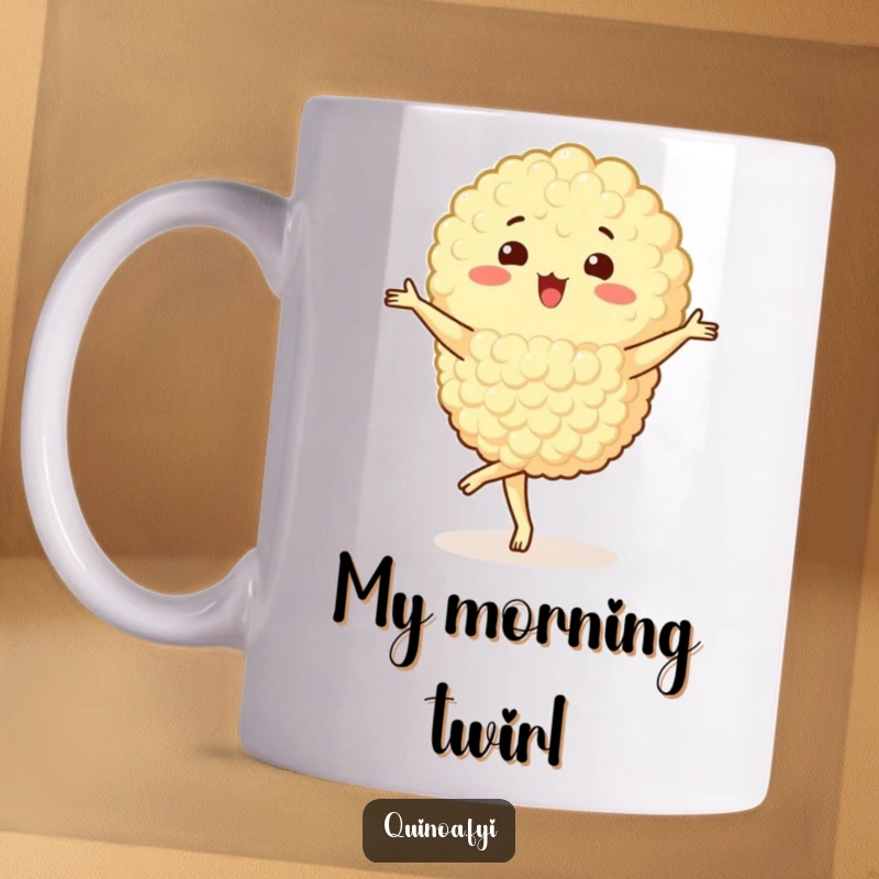 Funny Quinoa Cluster Mug featuring a happy character gracefully performing a pirouette, radiating joy and playful movement.