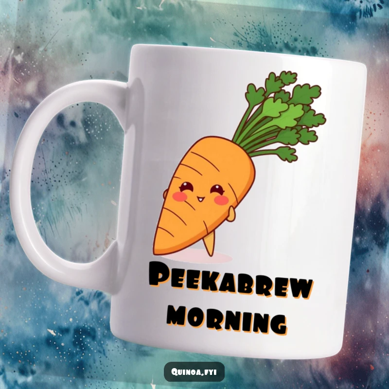 Funny mug featuring a giggling quinoa grain playfully peeking from behind a giant carrot.