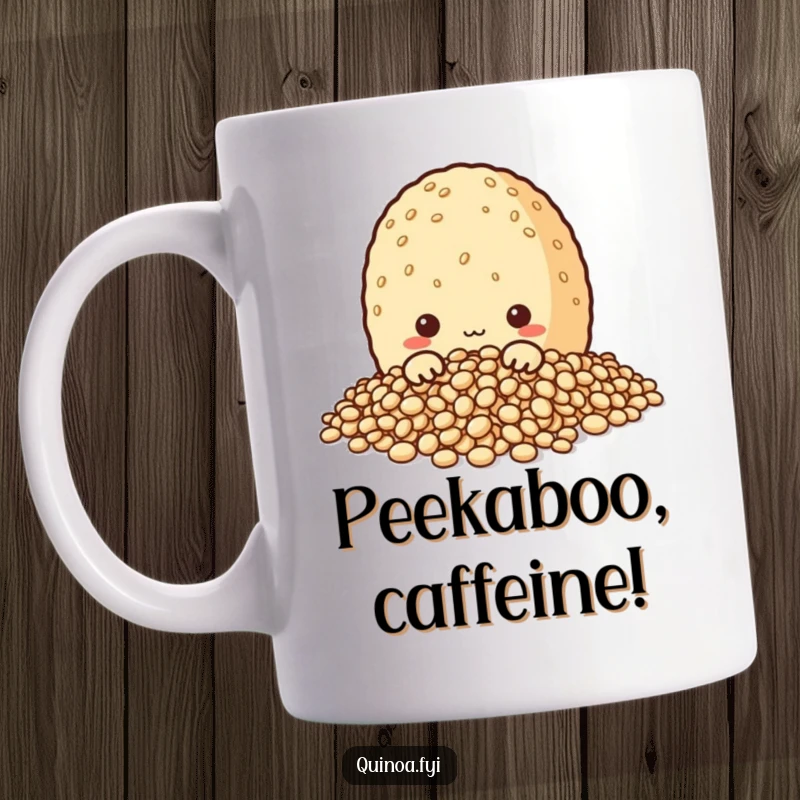 Funny mug depicting a curious quinoa grain character peeking from a pile of grains, evoking a sense of playful discovery and charm.