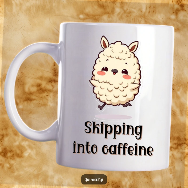 Funny mug featuring a playful quinoa character with tiny legs doing a happy skip, radiating infectious joy and playfulness.