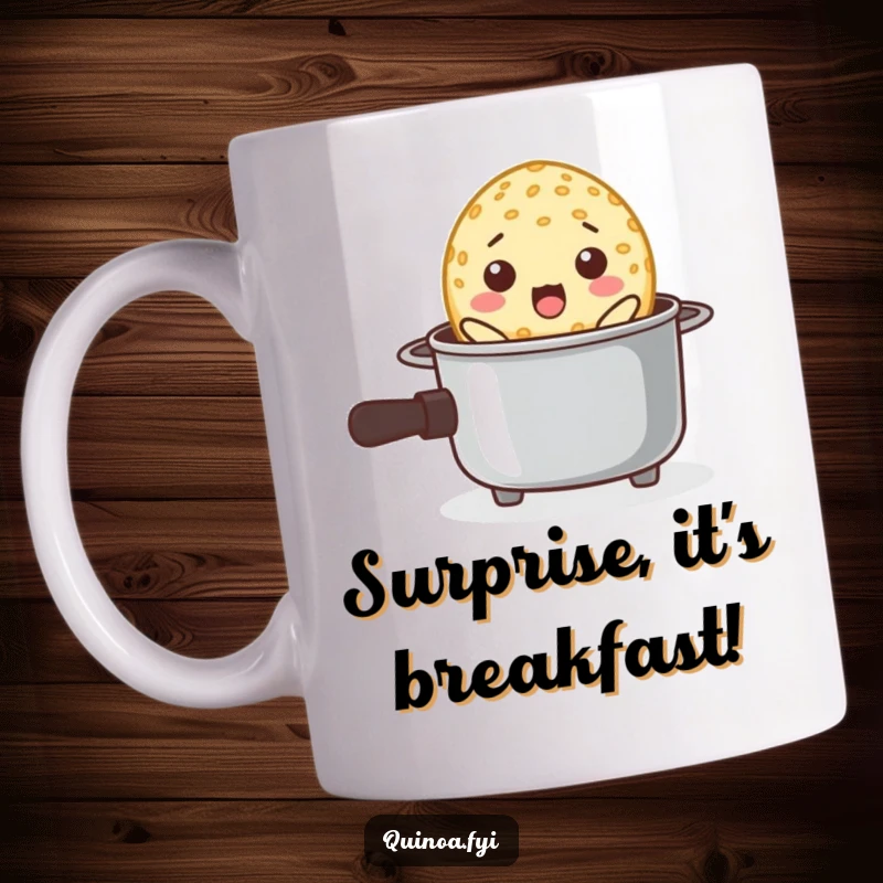 Funny mug shows a single quinoa grain with wide eyes, comically popping out of a miniature cooking pot.