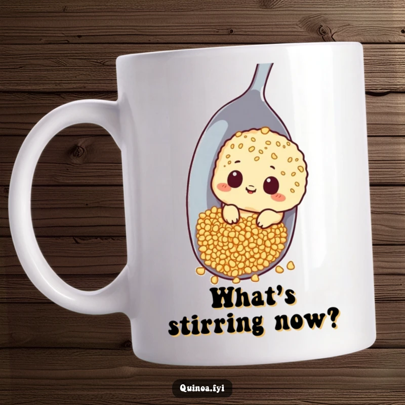 Funny mug showing a curious quinoa character peeking playfully around a giant spoon.