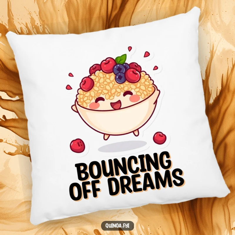 Funny pillow art of an anthropomorphic bowl of cooked quinoa with tiny berries joyfully bouncing, perfect for a comfy bounce.