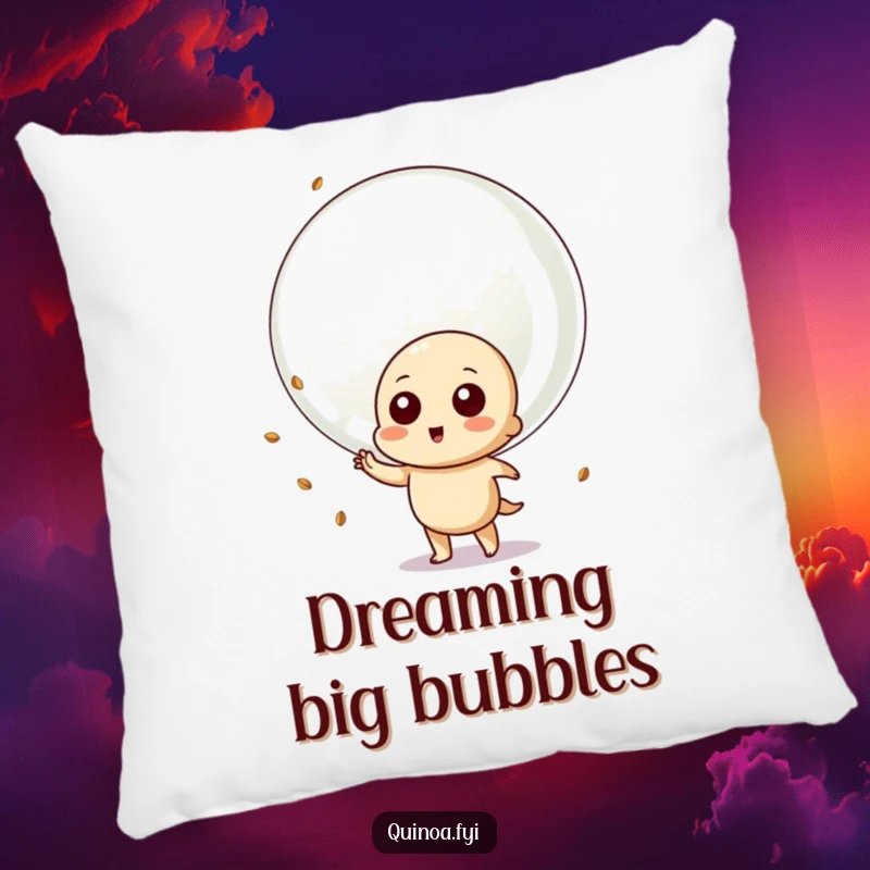 Funny pillow with a playful quinoa character blowing a giant bubble with quinoa seeds, perfect for adding cheerful comfort.