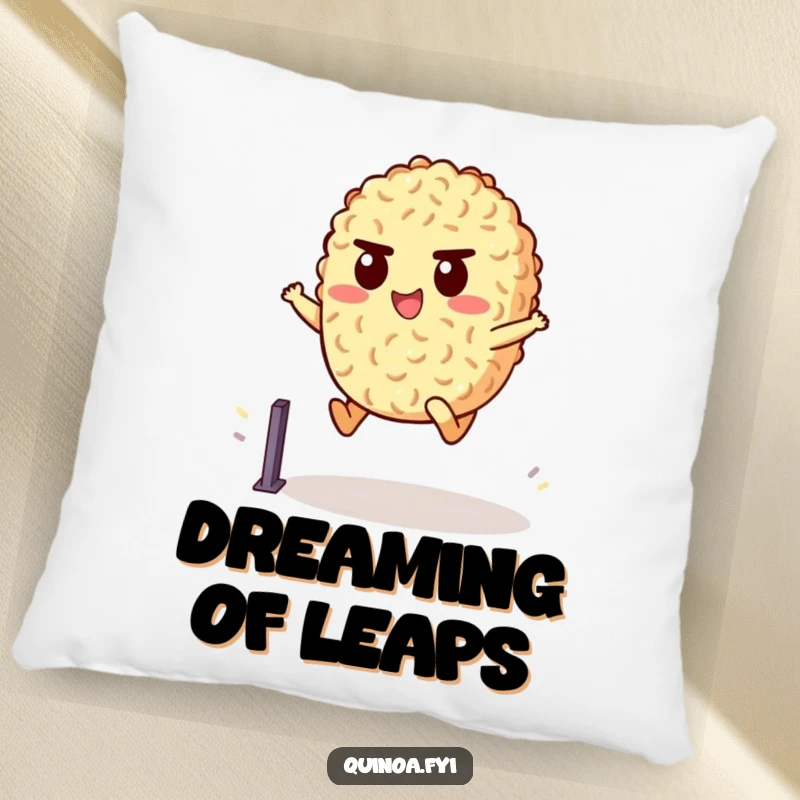 Funny Pillow with a determined quinoa character leaping over a hurdle, offering humorous comfort and a motivational accent.