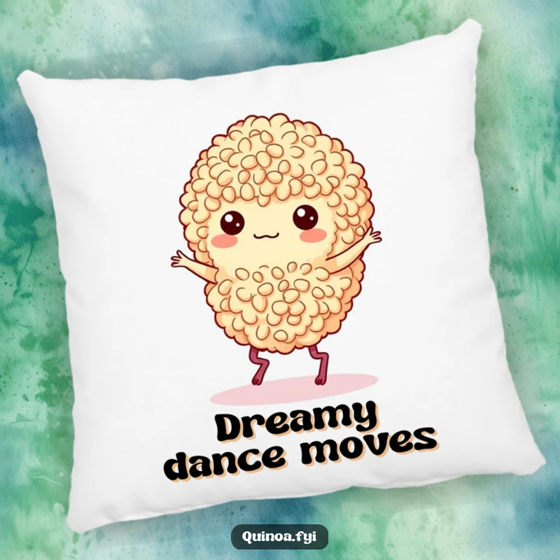 Funny pillow featuring a dancing quinoa cluster with little legs performing a cheerful jig.