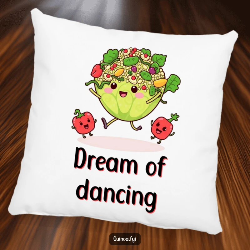 Funny pillow illustration of a dancing quinoa salad surrounded by tiny, happily swaying vegetable characters.