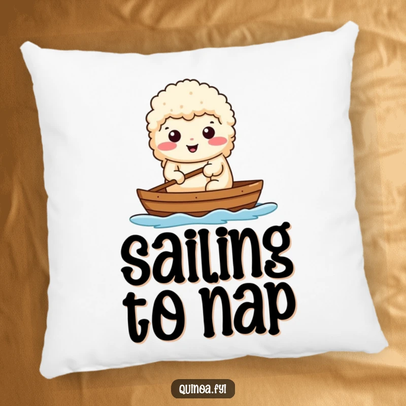 Funny pillow featuring a determined quinoa character rowing a boat, offering comfort and inspiration.