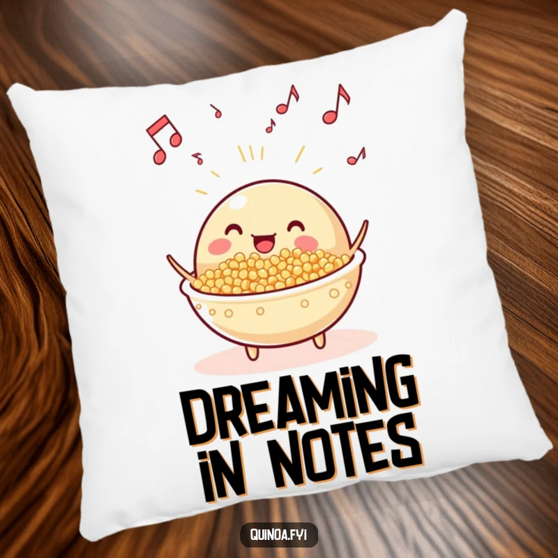 Funny beaming, anthropomorphic quinoa dish with musical notes floating pillow, offering plush comfort and a hint of musical joy.