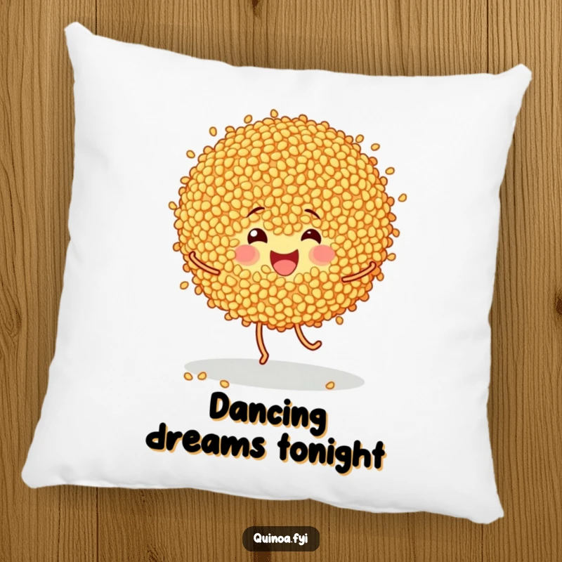 Funny and soft pillow featuring cheerful quinoa grains doing a happy little dance, perfect for comfort and smiles.