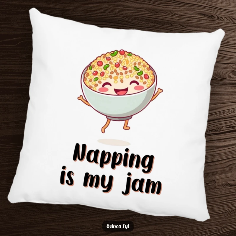 Funny quinoa dance pillow with a grinning bowl of quinoa and stubby noodle legs in a cheerful dance pose, adding comfort and humor.