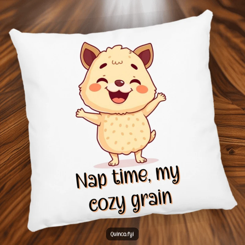 Funny Quinoa Pillow with a cheerful, grinning anthropomorphic quinoa blend performing a joyous happy dance, bringing fun energy to any room.
