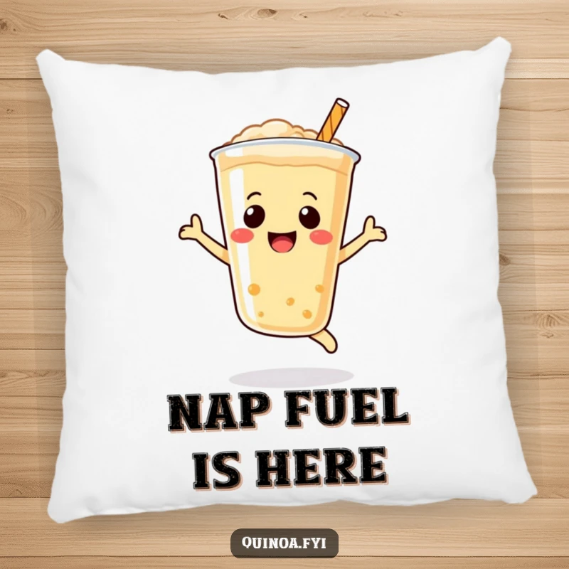 Funny Quinoa Drink Pillow with a cheerful, bubbly character doing a joyful leap, a cute funny gift.