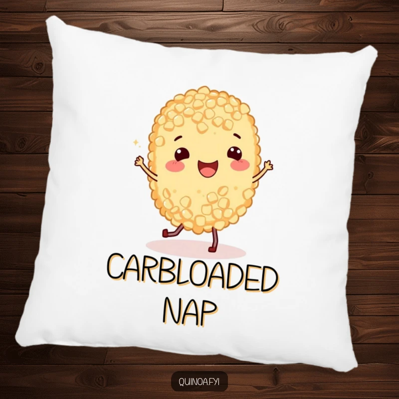 Funny Pillow with a happy quinoa grain doing a joyful jig, offering humorous comfort and a delightful touch to any living space.
