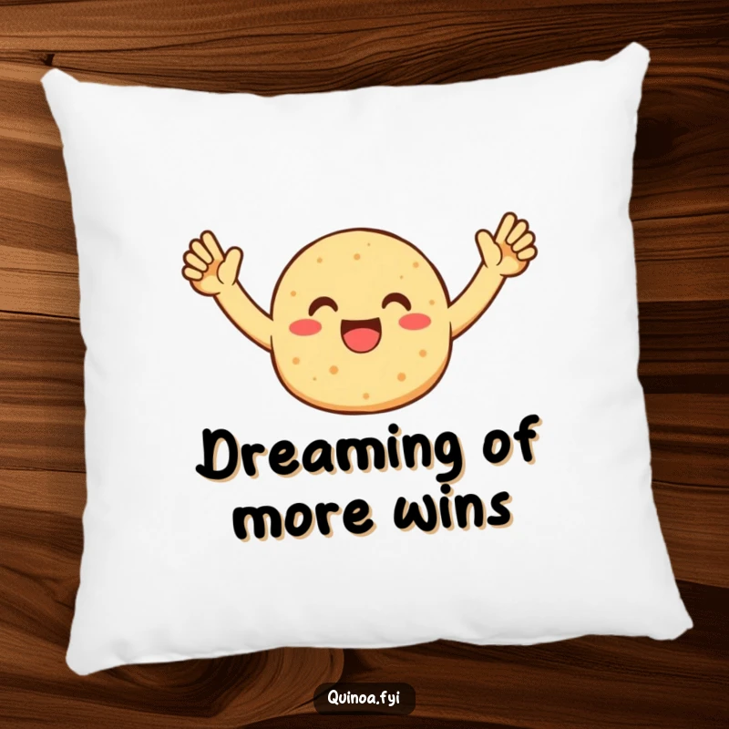 Funny pillow featuring a cheerful quinoa patty character in a celebratory pose, offering comfort and a humorous decorative accent.