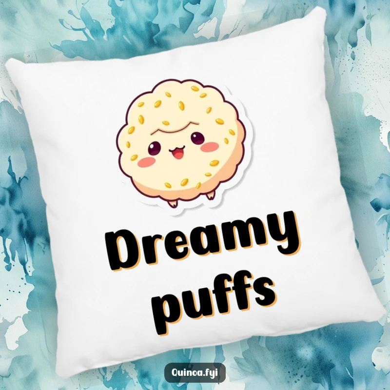 Funny quinoa puff character pillow, shown floating with a mischievous grin, offering comfort and a touch of playful mischief.