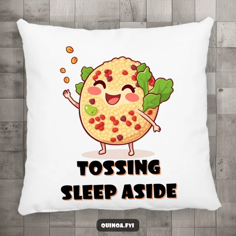 Funny smiling, anthropomorphic quinoa salad tossing a tiny grain pillow, offering a soft and cheerful addition to any seating area.