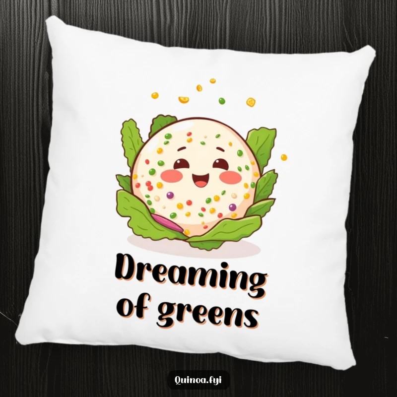 Funny quinoa salad pillow showing a happy salad with a cheerful expression, joyfully spinning around.
