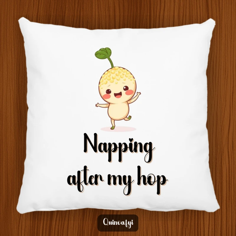 Funny pillow featuring a cheerful quinoa sprout character mid-hop, offering comfort and a touch of playful whimsy.
