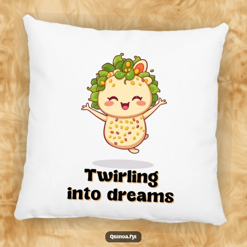 Funny winking anthropomorphic quinoa salad twirling, a soft and humorous decorative pillow.