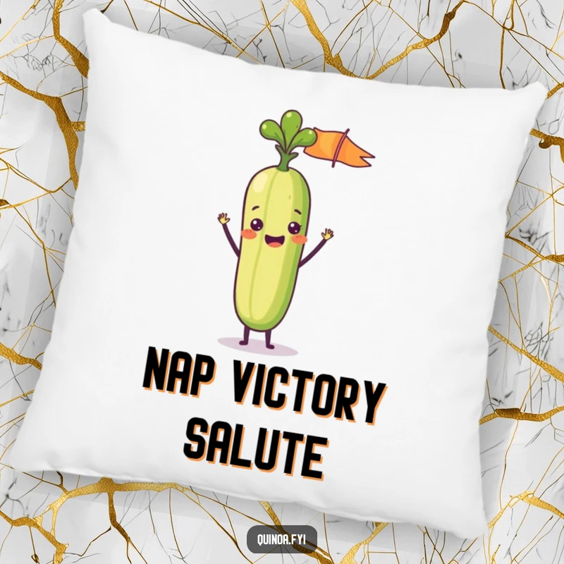 Funny decorative pillow with a delighted anthropomorphic vegetable stick waving a tiny flag, offering comfort and a dose of cheerful humor.