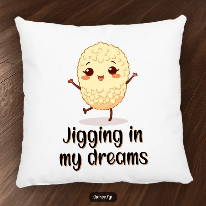 Funny pillow art of a joyful quinoa grain with legs doing a little jig, perfect for a comfy chuckle.