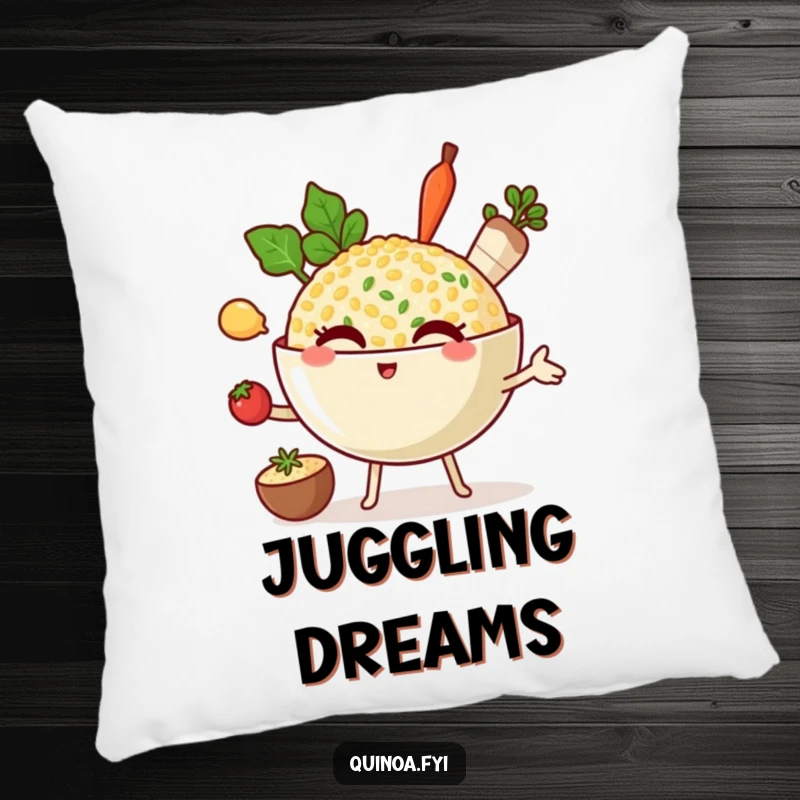 Funny pillow showcasing a winking quinoa bowl character juggling ingredients, offering comfort and a humorous take on multitasking.