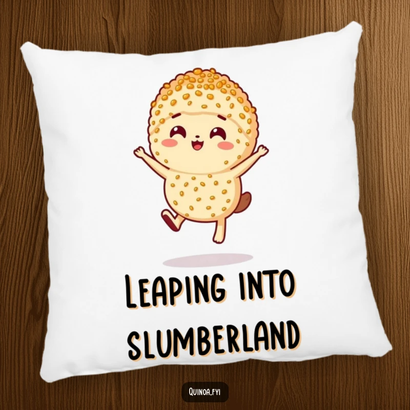 Funny happy anthropomorphic serving of quinoa leaping, a soft and humorous decorative pillow.