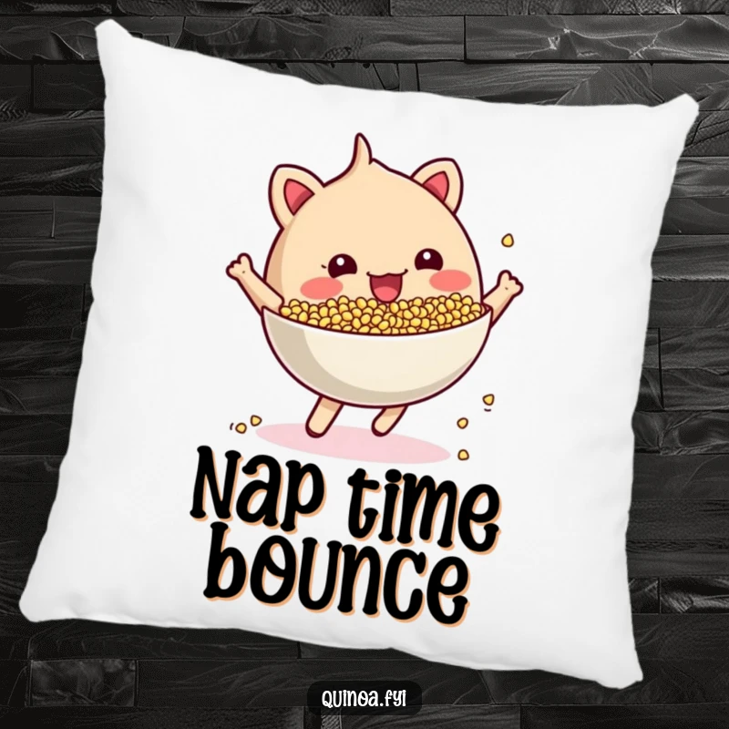 Funny cheerful, anthropomorphic quinoa bowl bouncing energetically pillow, offering a soft and cheerful addition to any seating area.