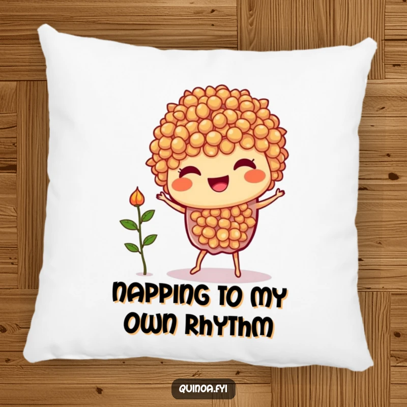 Funny Quinoa Dance Pillow: A joyful quinoa character enjoys a silly dance with a tiny sprout, providing comfort and humor.