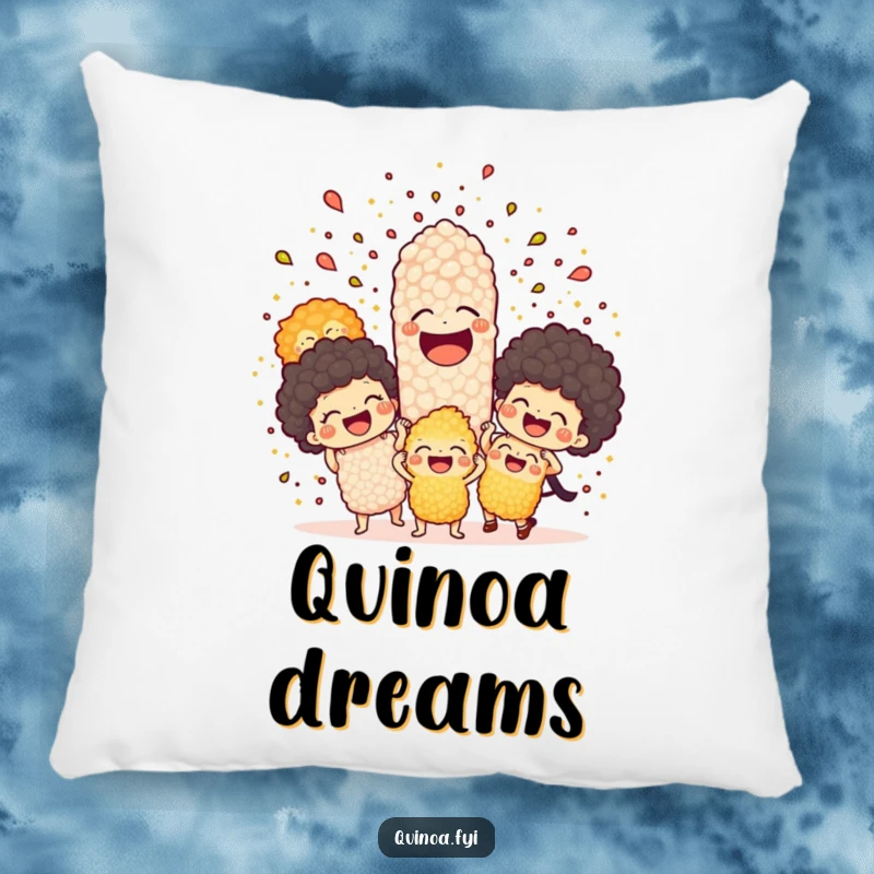 Funny pillow featuring a joyful explosion of happy quinoa characters bursting with laughter, offering plush comfort and humor.