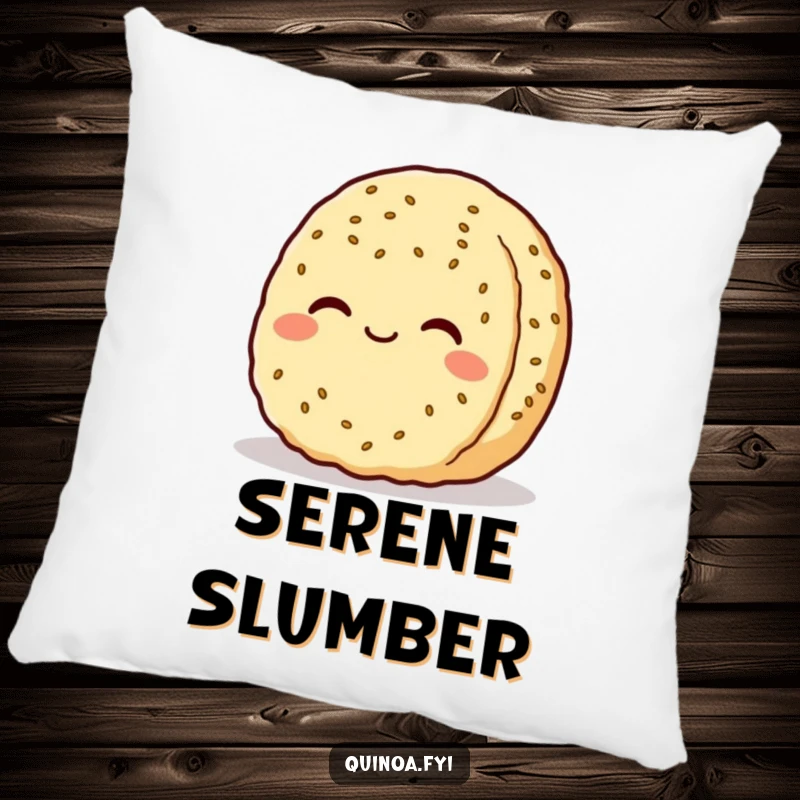 Funny quinoa patty character pillow, shown smiling serenely, offering comfort and a sense of peaceful contentment.
