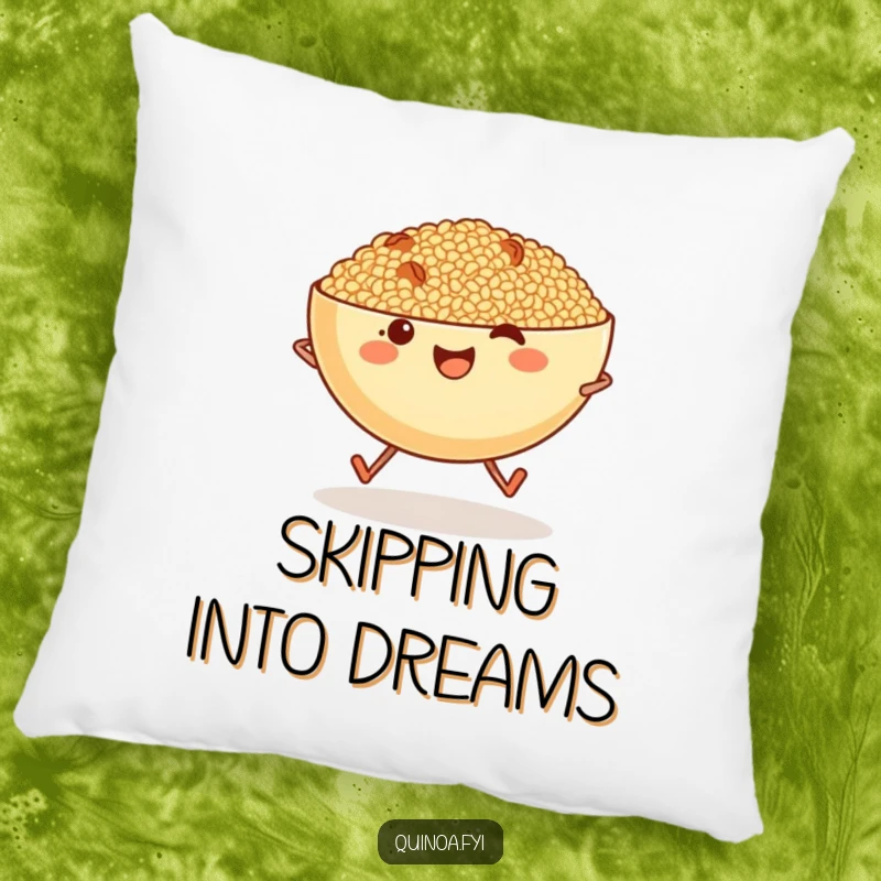 Funny cheerful bowl of quinoa with tiny legs skipping, a soft and humorous decorative pillow.