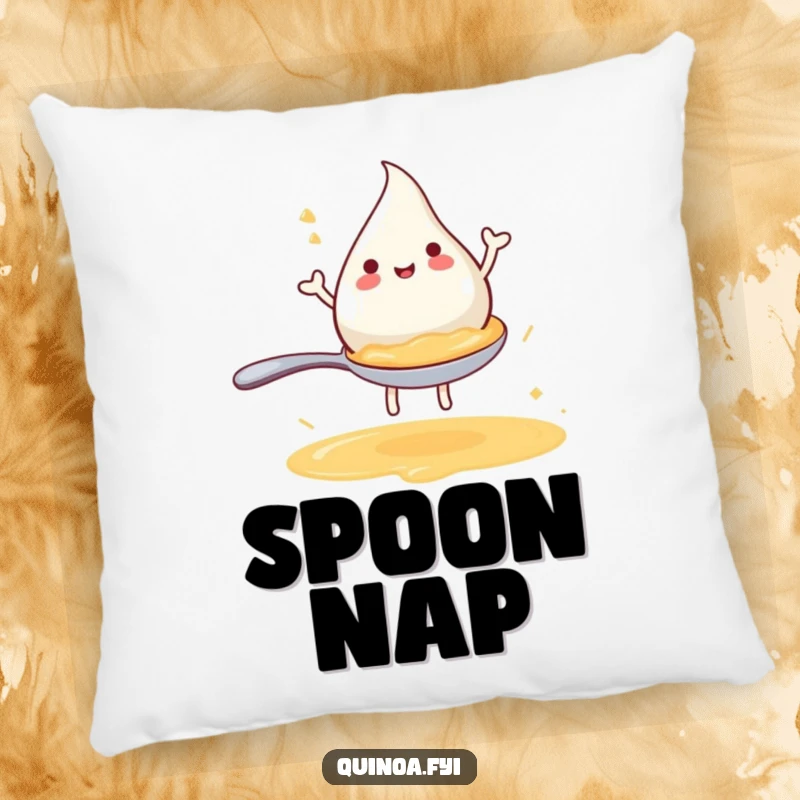 Funny pillow featuring a joyful anthropomorphic broth droplet riding a miniature spoon, offering soft comfort and humorous appeal.