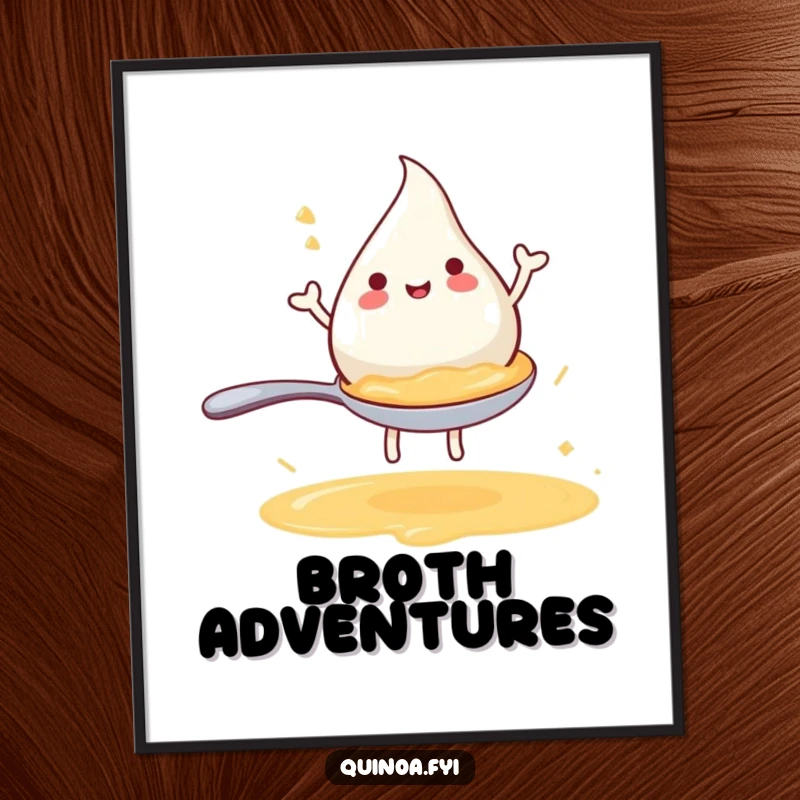 Funny digital art print of a joyful anthropomorphic broth droplet happily riding a miniature spoon, perfect for instant download.