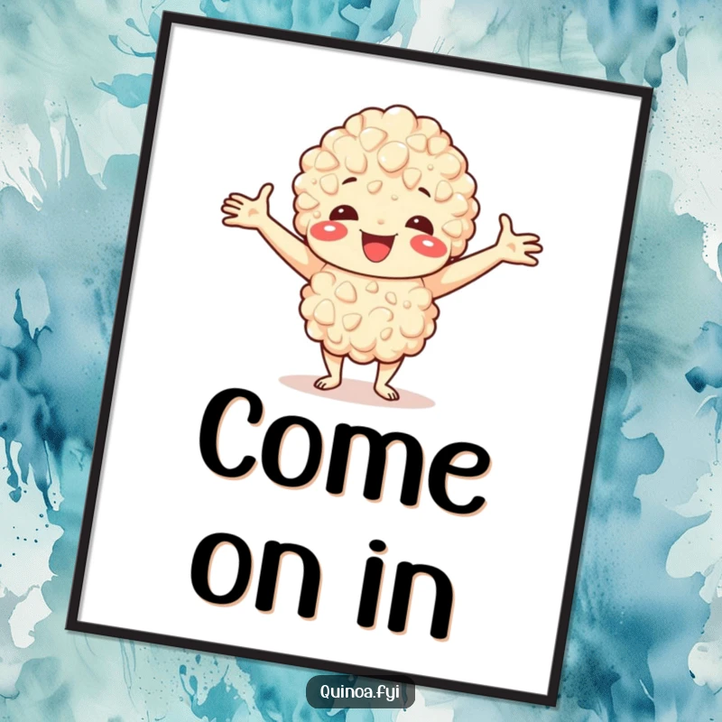 Funny digital art print of a happy quinoa character with open arms, ready to spread cheerful welcome.