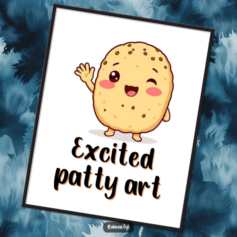 Funny anthropomorphic quinoa patty with a friendly wave, looking excited digital art print, a cheerful and welcoming piece of artwork for any home.