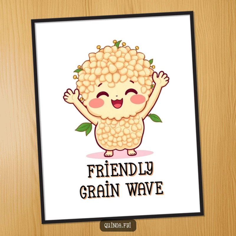 Funny digital art print of a smiling bunch of quinoa with arms waving happily, spreading good vibes.