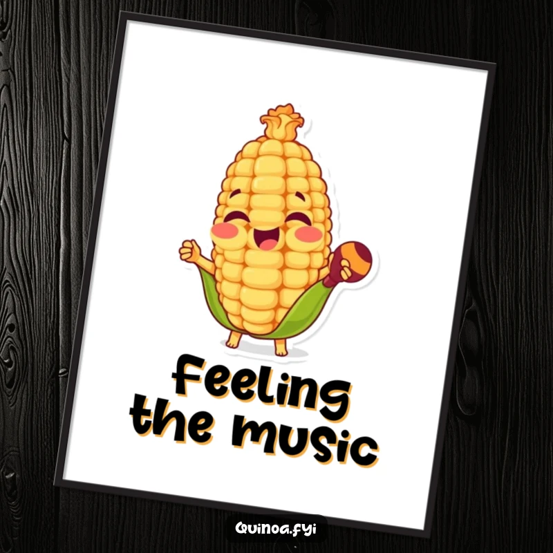 Funny digital art print of a happy anthropomorphic corn kernel playing maracas, bringing festive energy and musical humor to displays.