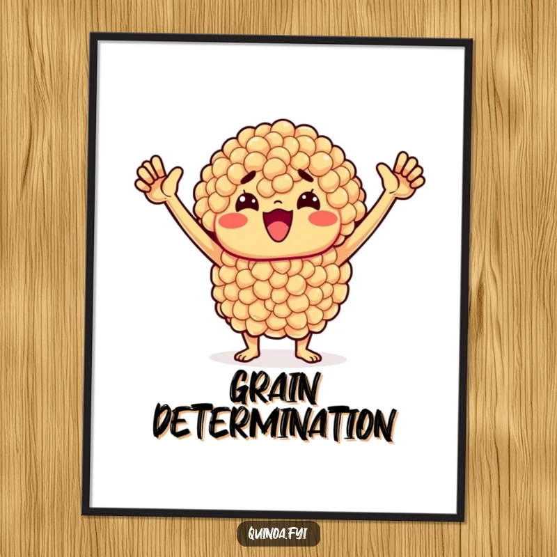 Funny Quinoa Digital Art: Determined quinoa cluster with raised arms embodies motivation, perfect for instant inspirational wall decor.