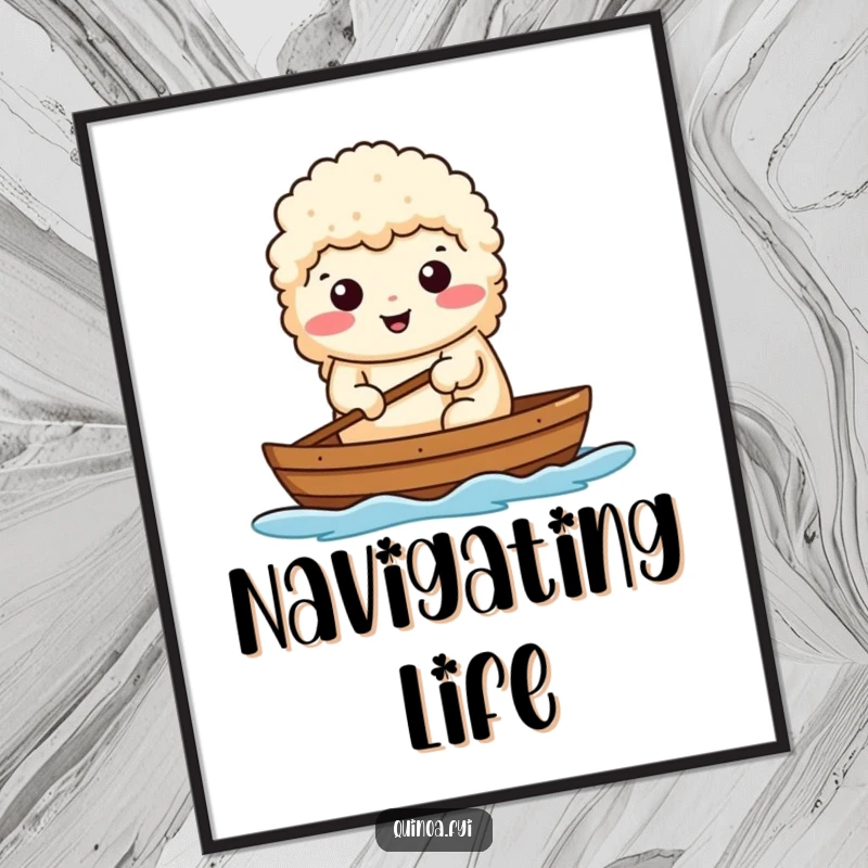 Funny digital art print of a determined quinoa character rowing a small boat, symbolizing focused progress.