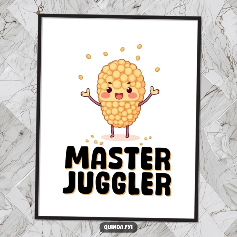 Funny quinoa cluster juggling tiny grains digital art print, whimsical and humorous illustration for instant wall decor, a great funny gift.