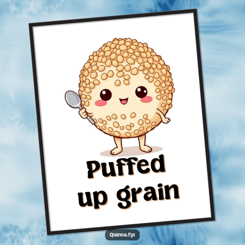Funny digital art print of a plump, proud quinoa character holding a tiny spoon, celebrating culinary passion.