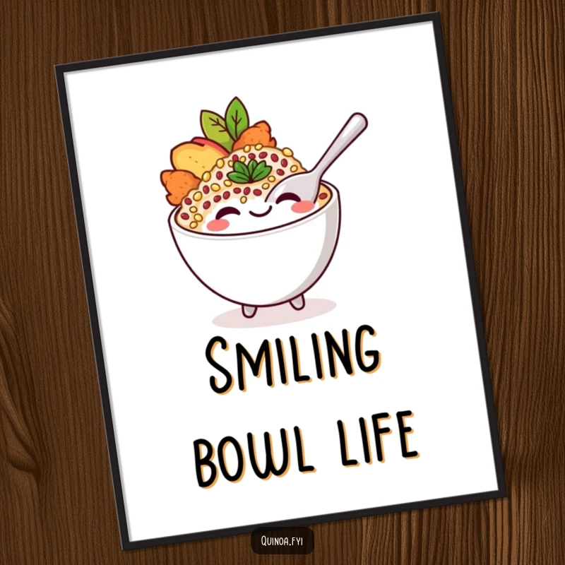 Funny printable art of a smiling quinoa bowl character with a playful spoon, adding instant delicious and healthy humor.