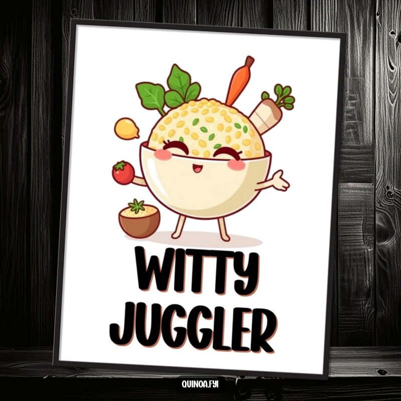 Funny digital art print of a winking quinoa bowl character juggling three small cooking ingredients, celebrating kitchen multitasking.